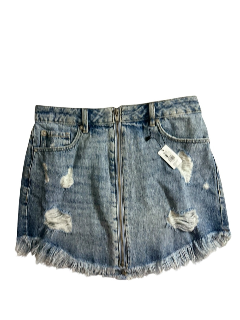 Garage Distressed Denim Mini Skirt Front Zip Frayed Hem Light Wash